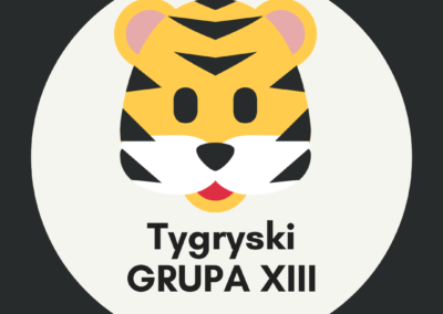 Grafika przedstawia tygryska znajdującego się w szarym kole które, umiejscowione jest na czarnym tle.